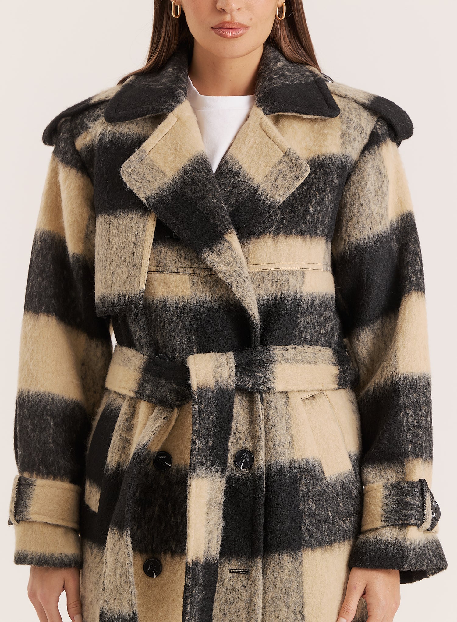 Black And Beige Wide-Checked Belted Trench Coat